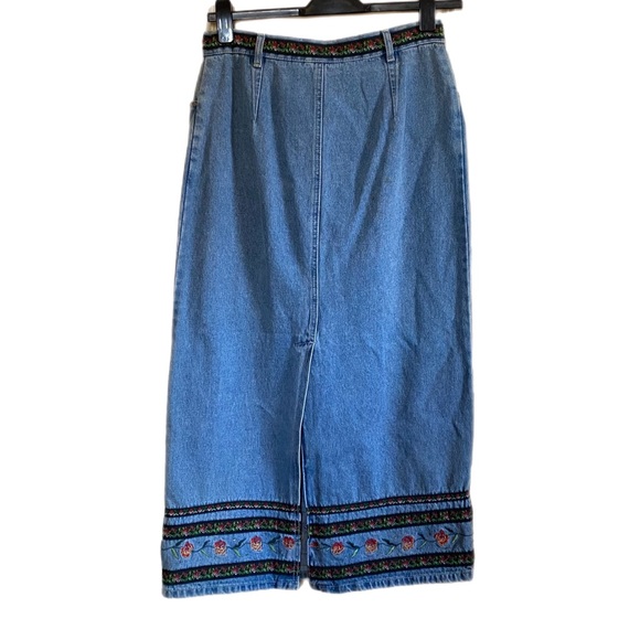 BILL BLASS VTG Denim Pencil Skirt Embroidered Embellished Rhinestones Sz S - Picture 3 of 10